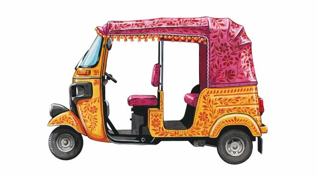Illustrated yellow rickshaw with pink floral patterns isolated on white background. Useful for travel industry designs and Indian transport conceptual illustrations.