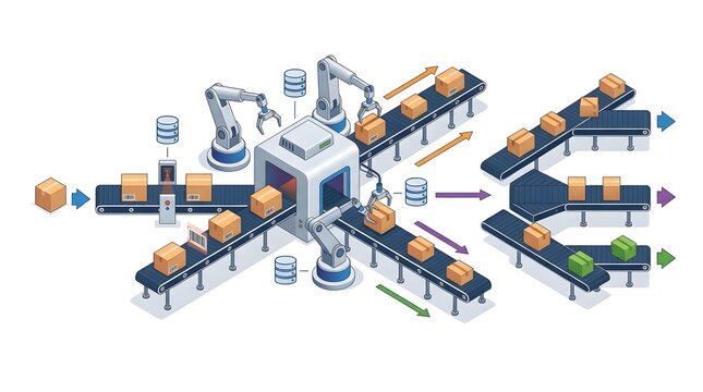 Automated industrial robotic assembly line with conveyor belts and smart sorting systems.