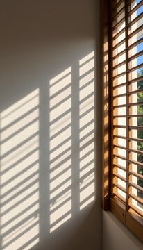 Sunlight streaming through wooden window shutters casting shadows inside room