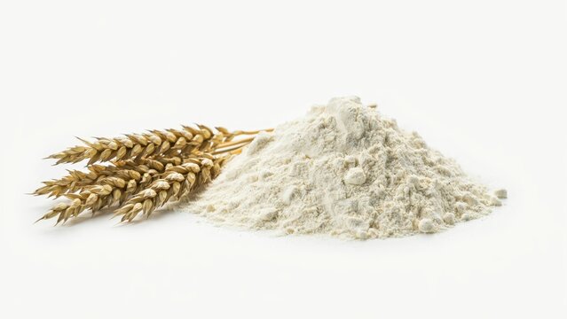 A heap of organic wheat flour with ears of grain isolated on white background. Perfect for baking, food production, and agricultural industry concepts.