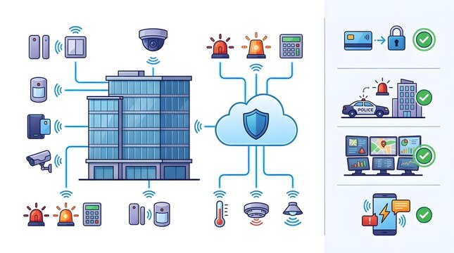 Smart building security system infographic with cloud monitoring and digital surveillance