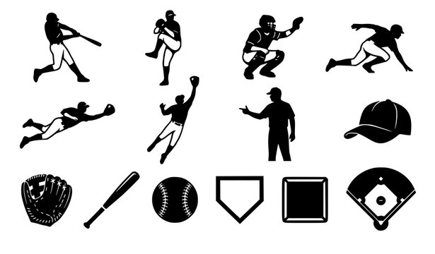 Baseball action glyph vector set featuring batting pitching catching running sliding players bats gloves and game equipment symbols