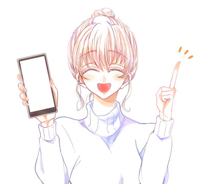スマホを見せる女性　人差し指を立てる　にこにこ