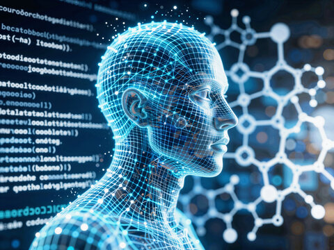Side view of a blue wireframe artificial intelligence head