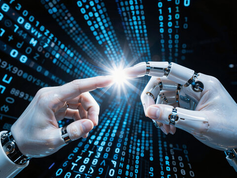 Two robotic hands touching fingertips with a bright light in the cente