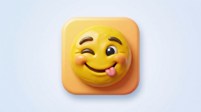 Cute 3D clay style winking smiley face icon with tongue hanging out, set on a rounded orange background square.