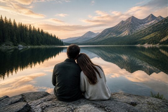 Couple sitting on rocks overlooking mountain lake at sunset