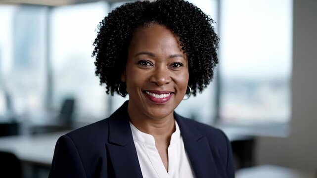 Close-up of a smiling business woman in the office, portrait of a smiling business woman