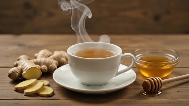 Warm Ginger Tea with Honey and Fresh Ginger Root on Wooden Table 4K HD