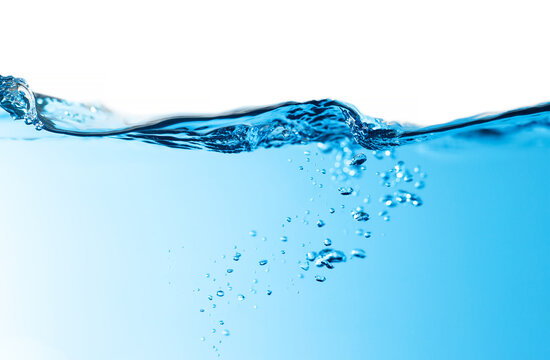 Splashing water, oxygen relaxation. air bubbles float up in the water. pure drinking water, clean and clear water textured on white background