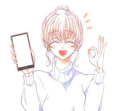 スマホを見せる女性　OKサイン　にこにこ