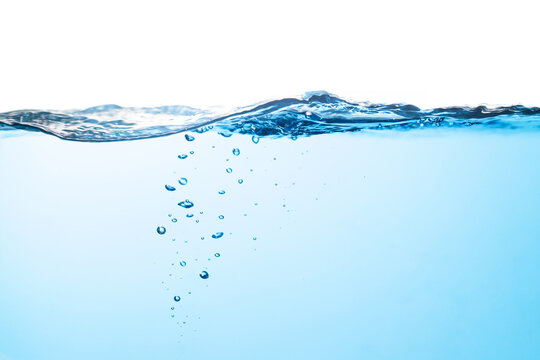 Air Bubbles Float Up Underwater. Splashing Water Wave. Pure Drinking Water, Oxygen Relaxation. Clean and Clear Blue Water Textured Background.	

