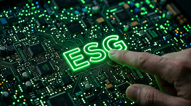 A human finger touching a glowing green esg acronym on a high tech computer circuit board