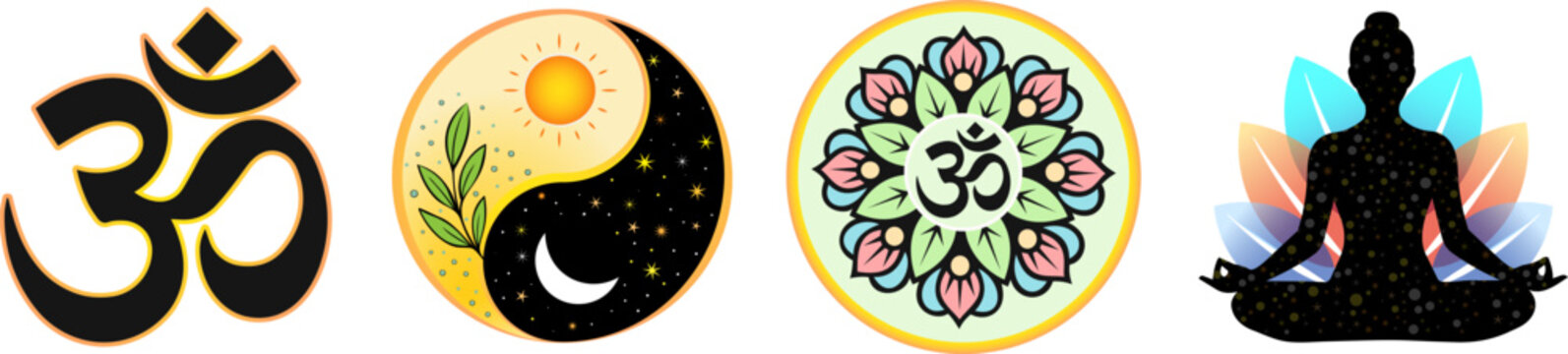 Yoga and meditation icon set with om symbol, yin yang, lotus mandala and meditating silhouette