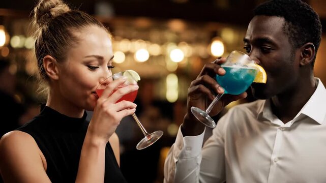 Men's and women's bars hold drinks and clink glasses, men's and women's bars hold drinks together