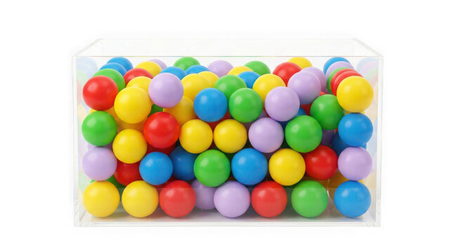 Clear acrylic box filled with colorful plastic balls isolated on transparent background