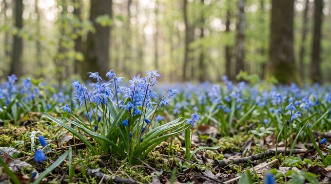 Blue Scilla Flowers Blooming in Spring Forest