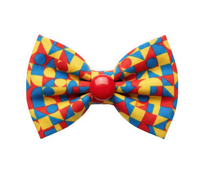 Colorful geometric patterned bow tie with a red center button isolated on transparent background