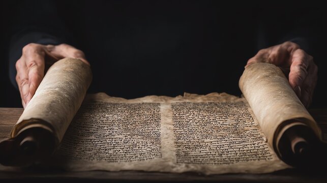 Ancient scroll held by hands revealing text.