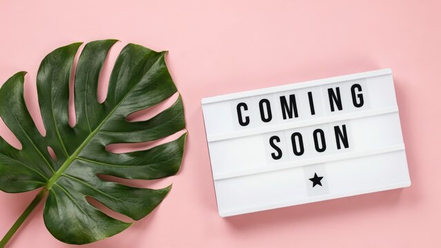 A light box with Coming Soon text and a tropical monstera leaf on a pink background. Perfect for marketing announcements and social media promotional campaigns.