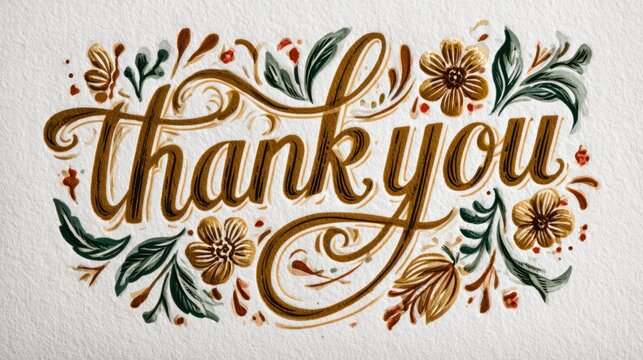 Elegant thank you hand lettering with floral accents on textured paper