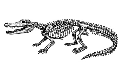 Naklejka premium Alligator Crocodile Skeleton Side Profile Black White Vector Illustration