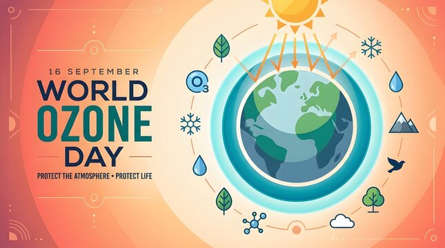 World ozone day illustration depicts a globe with environmental elements