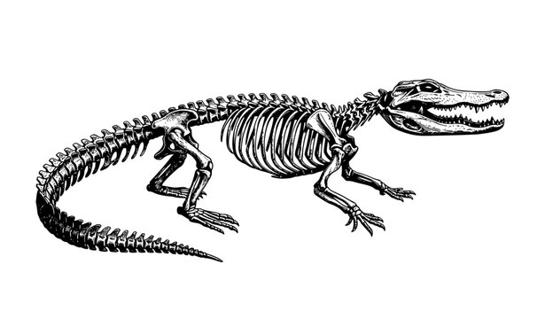 Vintage Alligator Crocodile Skeleton Anatomical Engraving Vector Art