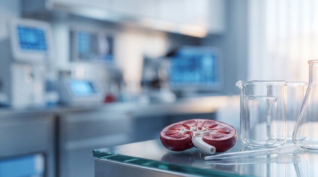 Anatomical kidney model on a laboratory table with glassware in a medical research facility background