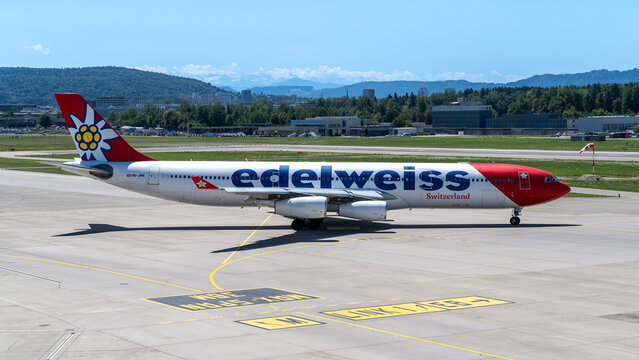 Edelweiss Air Airbus A340 is taxiing at ZRH international airport
