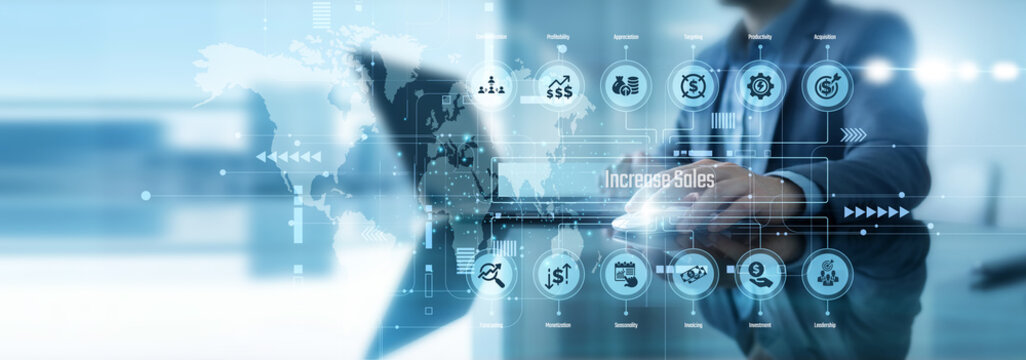 Sales strategist using laptop analyzing Increase Sales. The executive tracks conversion rates and market outreach data to boost revenue growth and maximize profitability for the organization.