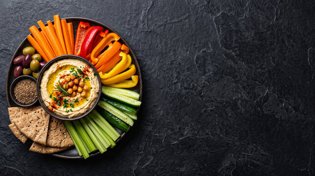 Healthy hummus platter with fresh colorful vegetable sticks olives pita bread and spices on a dark stone board.