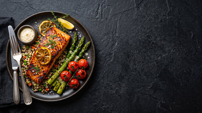 Pan seared salmon fillet with asparagus cherry tomatoes and wild rice served on a black stone plate with lemon.