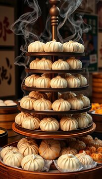 Steamed buns, dumplings, and pastries arranged on a tiered stand, steaming hot and fragrant, steamed, buns