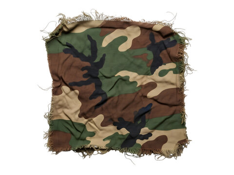 A square patch of frayed fabric featuring a classic woodland camouflage pattern