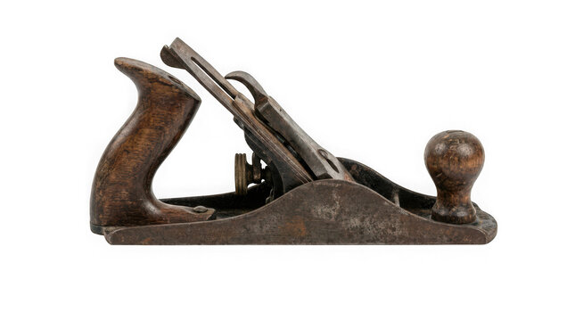 Vintage metal woodworking hand plane with wooden handle and knob isolated on transparent background