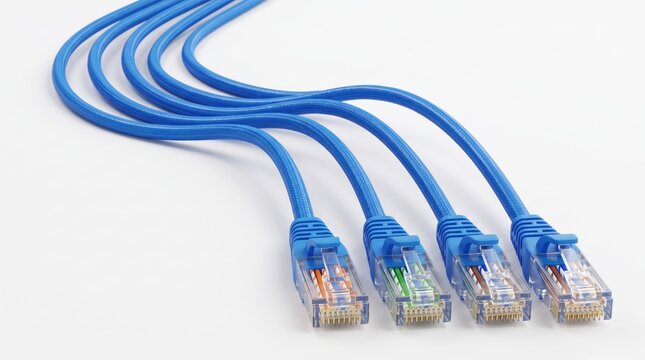 Close up of blue ethernet network cables with RJ45 connectors arranged in row on white, high speed internet connection technology, data transmission and networking