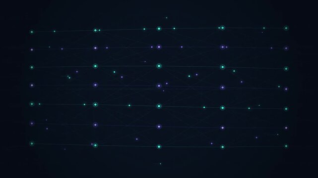 Abstract digital grid pattern with glowing geometric shapes and particles on a dark background, suitable for technology or science themes