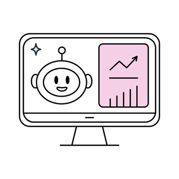 AI analytics line icon. Outline robot dashboard with growth chart on computer screen vector illustration isolated on bkg
