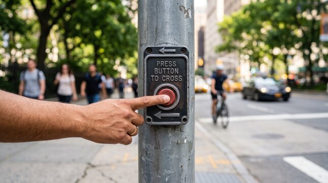 Close up of hand pressing red pedestrian crosswalk button on city street pole, urban traffic safety, waiting to cross road, people walking in, transportation infrastructure