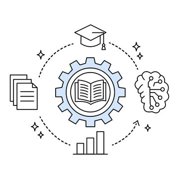 Machine learning line icon. Outline AI education concept with gear and digital brain vector illustration on white bkg