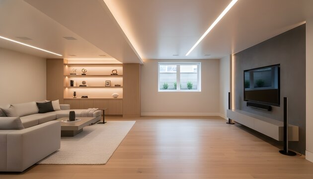 Basement Renovation Interior With Recessed Lighting