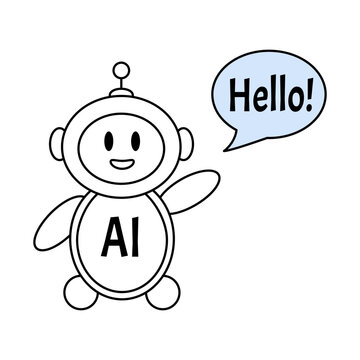 AI chatbot line icon. Cute outline robot waving hand with hello speech bubble vector illustration on white background
