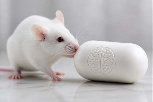 White mouse sniffing brain capsule on reflective laboratory table surface