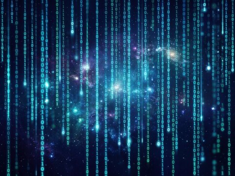 Digital binary code streaming down in a dark blue abstract tech background