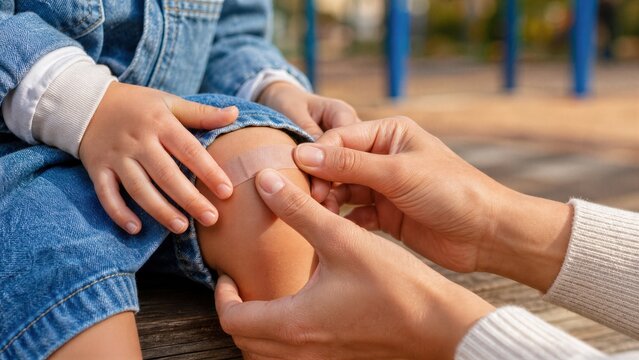 Caregiver applying adhesive bandage to child knee in park. Woman providing medical help and comfort to girl with injury.