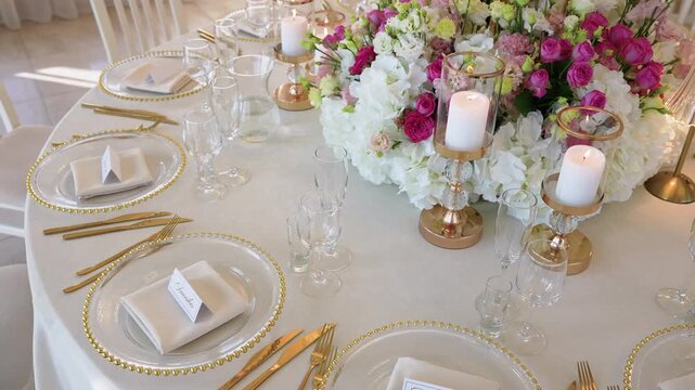 Luxurious wedding reception table setting featuring a lavish floral centerpiece, glowing candles, gold cutlery, and glassware, all bathed in soft natural daylight. No people present.