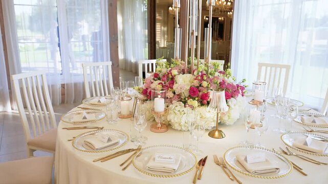 Stunning wide-angle shot of a lavishly decorated wedding reception table with lush pink and white floral centerpiece, elegant golden cutlery, crystal glassware, and soft, natural lighting.