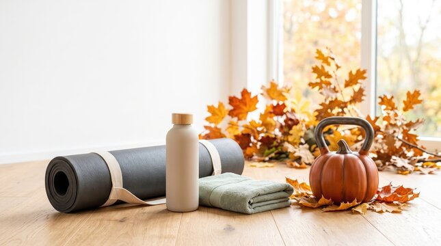 Autumn fitness equipment on wooden floor