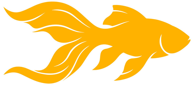 Amber elegant swimming goldfish or betta fish silhouette icon isolated on transparent PNG background